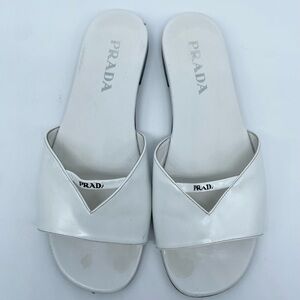 Prada White patent leather logo slide sandals EU 38.5